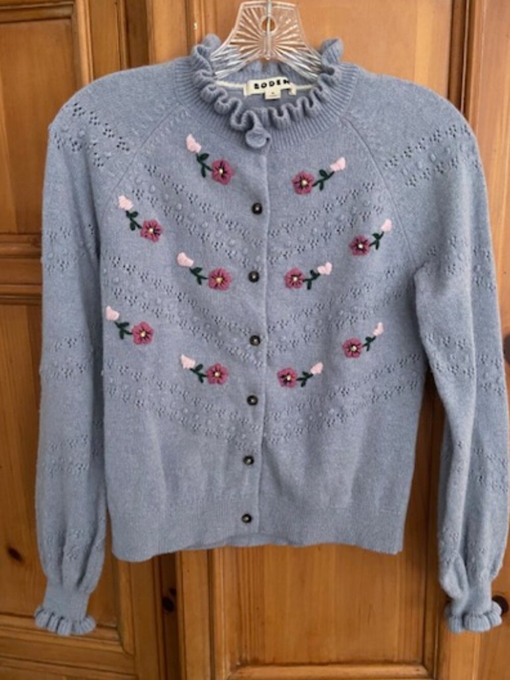 Boden Women's Cardigan in Blue Pebble with Flower and Heart Detail Size XS